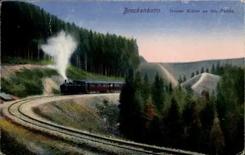 Ak Brocken Nationalpark Harz, Brockenbahn, Große Kurve an der Padde, Dampflok