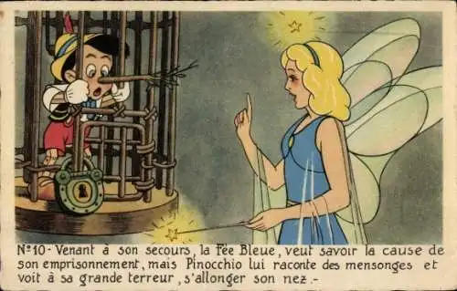 Künstler Ak Walt Disney, Pinocchio mit langer Nase, Blaue Fee