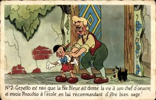 Ak Walt Disney, Pinocchio mit Gepetto, Katze