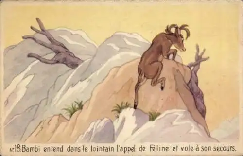 Ak Walt Disney, Bambi entend dans le lointain l'appel de Féline et vole à son secours