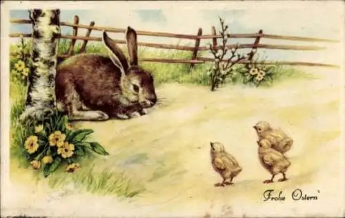 Künstler Ak Glückwunsch Ostern, Osterhase mit Küken, Amag 3346