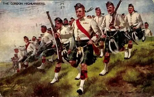 Künstler Ak Payne, H., Die Gordon Highlanders, Schwärmend den Hügel hinunter