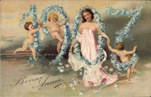 Präge Ak Glückwunsch Neujahr 1907, Engel, Frau, Blumen