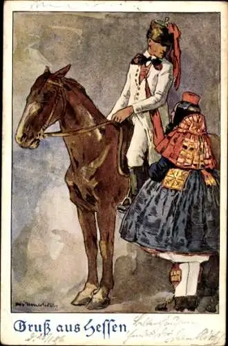 Künstler Ak Gruß aus Hessen, Schwälmer Tracht, Reiter