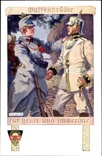 Künstler Ak Wilke, Karl Alexander, KuK Soldat, deutscher Soldat, Uniformen, Waffenbrüderschaft