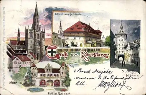 Künstler Litho Fuchs, Karl, Konstanz am Bodensee, Münster, Conciliumsgebäude, Rathaushof, Schnetztor