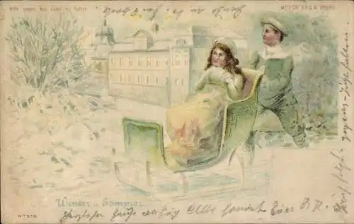 Halt gegen das Licht Ak Schlittenfahrt, Frau und Mann im Schlitten, Winter u. Sommer