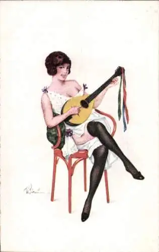 Künstler Ak Frau mit Laute