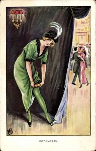 Künstler Ak Intermezzo, Frau hinterm Vorhang