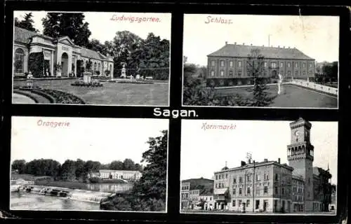 Ak Żagań Sagan Schlesien, Ludwigsgarten, Schloss, Orangerie, Kornmarkt