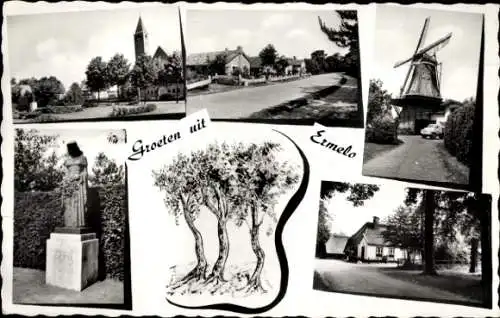 Ak Ermelo Gelderland, Teilansichten, Windmühle, Denkmal, Kirche, Straßenpartie