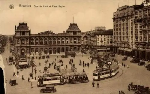 Ak Bruxelles Brüssel, Gare du Nord et Place Rogler, Straßenbahnen