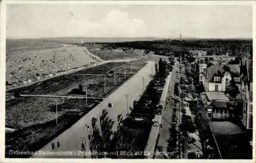 Ak Świnoujście Swinemünde Pommern, Promenade mit Blick auf Leuchtturm