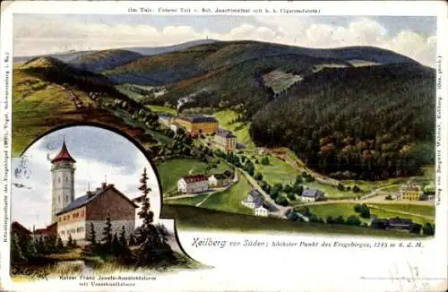 Ak Klínovec Keilberg Erzgebirge Region Karlsbad, Kaiser Franz Josefs Aussichtsturm, Panorama vom Ort