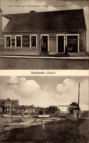 Ak Zehdenick im Kreis Oberhavel, Restaurant und Geschäft, Inh. F. Schönberg, Havelpartie