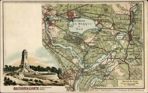 Landkarten Litho Berlin Köpenick, Bismarckwarte auf den Müggelbergen, Friedrichshagen, Wernsdorf