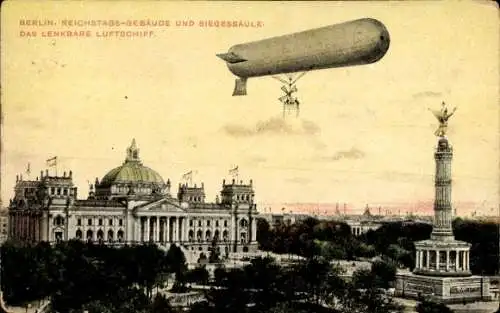 Ak Berlin Tiergarten, Reichstagsgebäude, Zeppelin-Luftschiff, Siegessäule