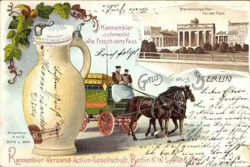 Litho Berlin Tiergarten Moabit, Kannenbier Versand AG, Spenerstr. 23, Bierkutsche, Brandenburger Tor