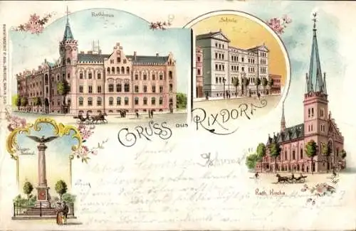 Litho Berlin Neukölln Rixdorf, Rathaus, Schule, Kriegerdenkmal, katholische Kirche