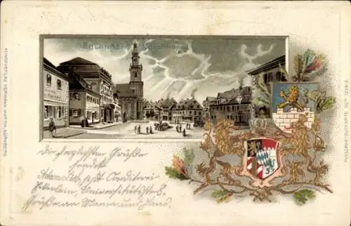 Präge Wappen Passepartout Litho Erlangen in Mittelfranken Bayern, Hauptstraße