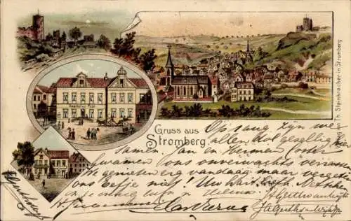 Litho Stromberg im Hunsrück, Gesamtansicht, Burg, Gasthof zur Post