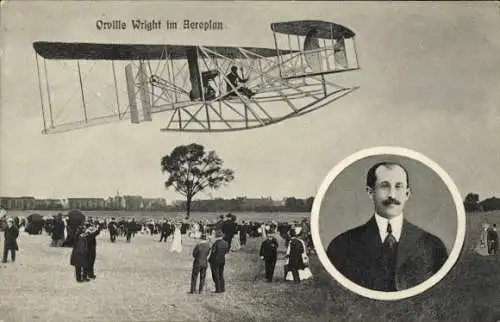 Ak Orville Wright im Aeroplan, Flugpionier, Biplan