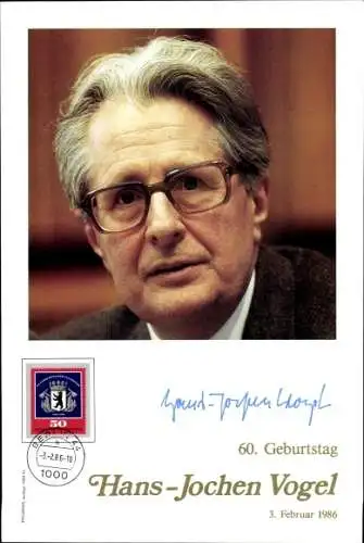 Autogramm Hans Jochen Vogel, Parteivorsitzender der SPD, Portrait, 60. Geburtstag 1986
