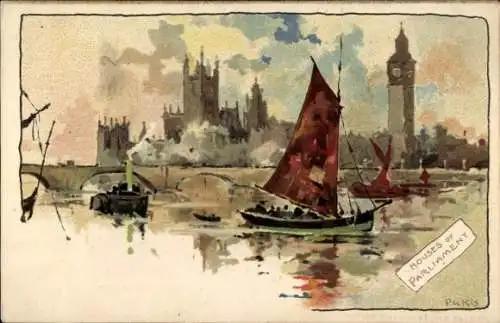 Künstler Litho London, Houses of Parliament, Big Ben, Segelboot, Themse