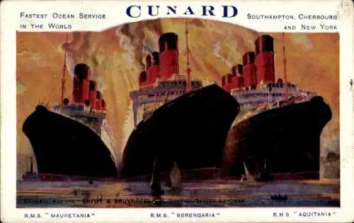 Künstler Ak Dampfschiffe RMS Mauretania, Berengaria, Aquitania, Cunard Line