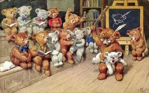 Künstler Ak Teddybären in der Schule, Lehrer, vermenschlichte Bären, the mistaken artist