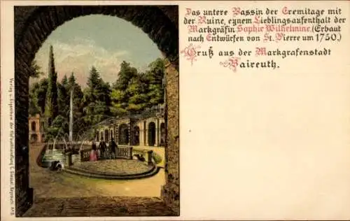 Litho Bayreuth in Oberfranken, Das untere Bassin der Eremitage, Ruine