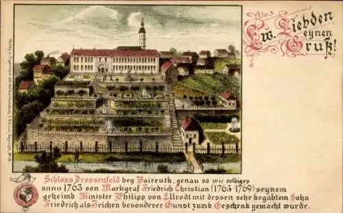 Litho Neudrossenfeld in Oberfranken, Blick zum Schloss Drossenfeld, Schlosspark