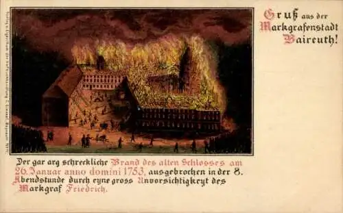 Litho Bayreuth in Oberfranken, Brand des alten Schlosses, 26. Januar 1753