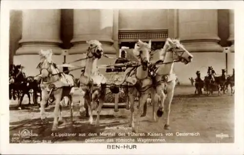 Ak Schauspieler Ramon Novarro, Filmszene aus Ben Hur, Lippizaner, Wagenrennen, Ross Verlag 64 3