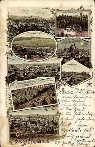 Litho Greiz im Vogtland Thüringen; Reichenbach, Elsterberg, Hotel Steinicht