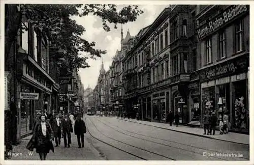 Ak Hagen in Westfalen, Elberfelderstraße, Herren Knaben Bekleidung, Straßenbahn