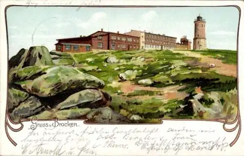 Passepartout Litho Brocken im Harz, Hotel m. Aussichtsturm