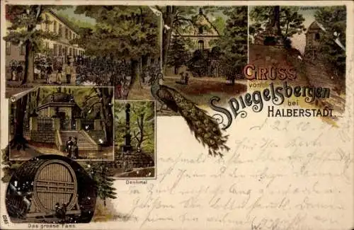 Litho Halberstadt am Harz, Spiegelsbergen, Das Große Fass, Denkmal, Schloss, Mausoleum, Burg