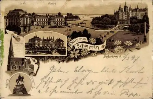 Litho Schwerin in Mecklenburg, Theater, Museum, Domkirche, Bahnhof, Schloss, Denkmal