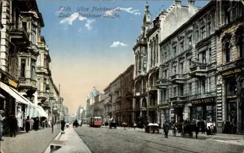 Ak Lodz Polen, Petrikauer Straße, Straßenbahn, Läden