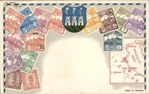 Briefmarken Wappen Litho San Marino, Landkarte