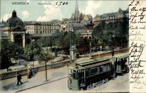 Ak Wiesbaden in Hessen, Kochbrunnen, Straßenbahn