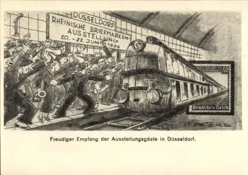 Ganzsachen Künstler Ak Peters, Düsseldorf, Rheinische Briefmarken-Ausstellung Juni 1936, Eisenbahn