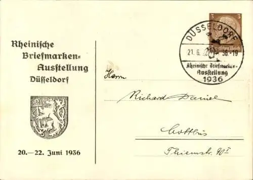 Ganzsachen Künstler Ak Peters, Düsseldorf, Rheinische Briefmarken-Ausstellung Juni 1936, Eisenbahn