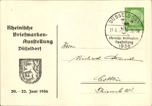 Ganzsachen Künstler Ak Peters, P., Düsseldorf, Briefmarkenausstellung Juni 1936, Schirmherrin
