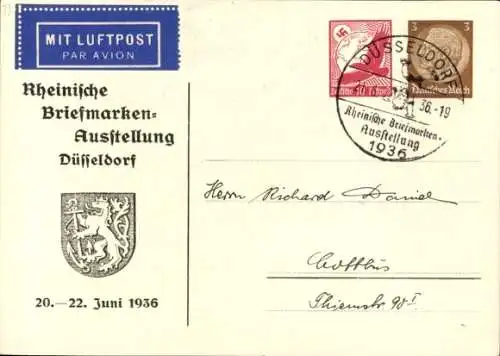 Ganzsachen Ak Peters, P., Düsseldorf am Rhein, Briefmarkenausstellung 1936, Luftpost, HE 36