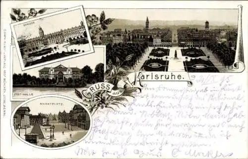 Litho Karlsruhe in Baden, Schloss, Festhalle, Marktplatz