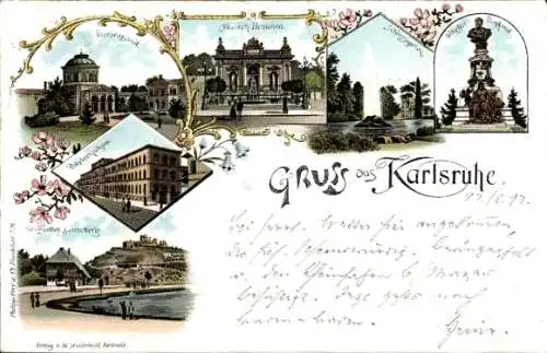 Litho Karlsruhe in Baden, Vierordtsbad, Matschbrunnen, Schlossgarten, Polytechnikum