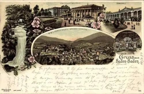 Litho Baden Baden am Schwarzwald, Panorama, Konversationshaus, Tinkhalle, Wasserfall