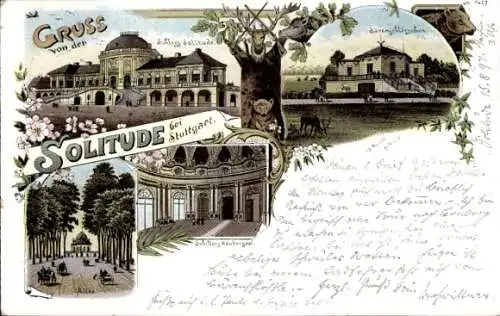 Litho Stuttgart am Neckar, Schloss Solitude, Bärenschlösschen, Allee, Schillers Räubersaal